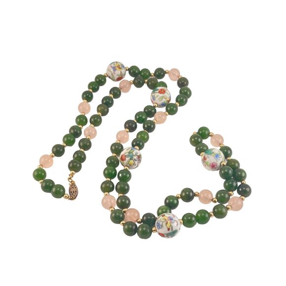Jade Nephrite Rose Quartz Beaded Vintage GlassNecklace With Floral Porcelain Acc - Picture 5 of 9